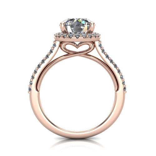 Palmer round halo engagement ring in 14K Rose Gold, through-finger front profile showing the concealed heart in the basket