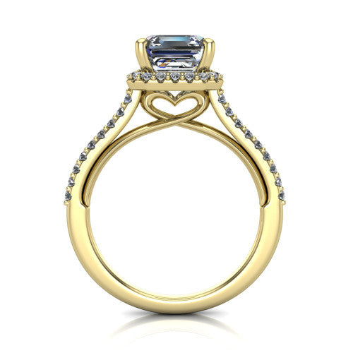 Palmer square emerald halo engagement ring in 14K Yellow Gold, through-finger front profile showing the concealed heart in the basket