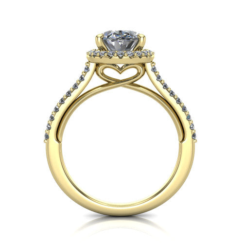 Palmer oval halo engagement ring in 18K Yellow Gold, through-finger front profile showing the concealed heart in the basket