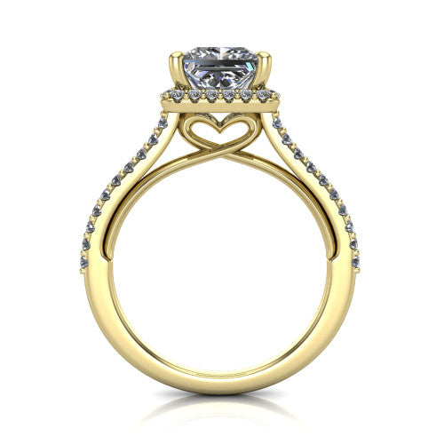 Palmer princess halo engagement ring in 14K Yellow Gold, through-finger front profile showing the concealed heart in the basket