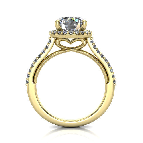 Palmer round halo engagement ring in 18K Yellow Gold, through-finger front profile showing the concealed heart in the basket