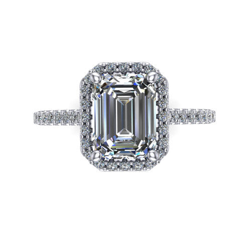 Palmer emerald halo engagement ring in 18K White Gold, top-down view showing the emerald center diamond framed by a pave halo