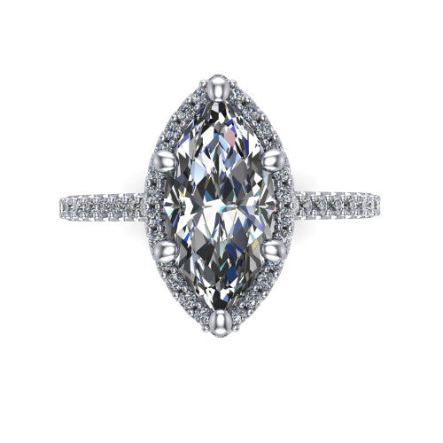 Palmer marquise halo engagement ring in Platinum, top-down view showing the marquise center diamond framed by a pave halo