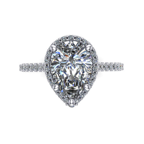 Palmer pear halo engagement ring in 14K White Gold, top-down view showing the pear center diamond framed by a pave halo