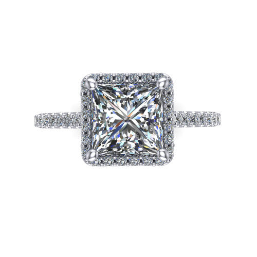 Palmer princess halo engagement ring in 18K White Gold, top-down view showing the princess center diamond framed by a pave halo