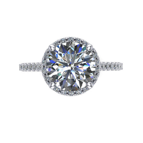 Palmer round halo engagement ring in 14K White Gold, top-down view showing the round center diamond framed by a pave halo