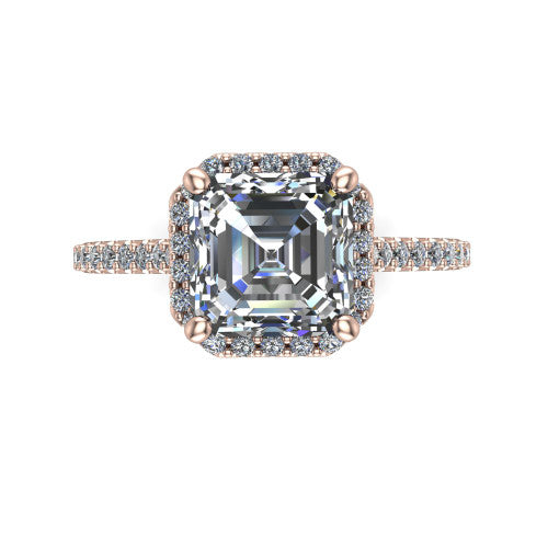 Palmer square emerald halo engagement ring in 14K Rose Gold, top-down view showing the square emerald center diamond framed by a pave halo