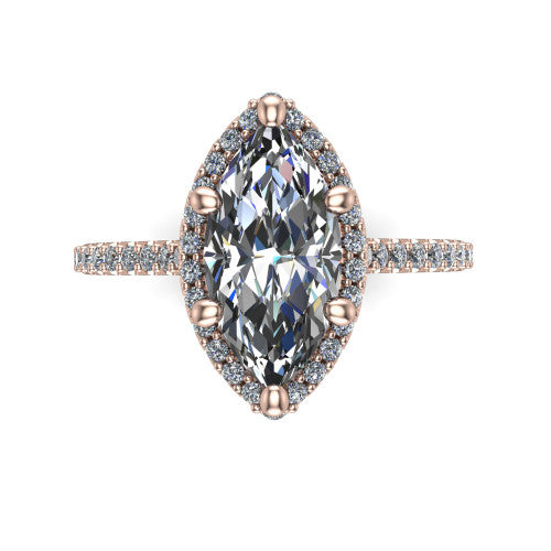 Palmer marquise halo engagement ring in 14K Rose Gold, top-down view showing the marquise center diamond framed by a pave halo