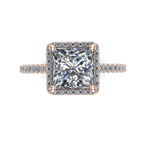 Palmer princess halo engagement ring in 14K Rose Gold, top-down view showing the princess center diamond framed by a pave halo