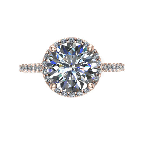 Palmer round halo engagement ring in 14K Rose Gold, top-down view showing the round center diamond framed by a pave halo
