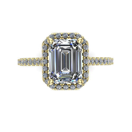Palmer emerald halo engagement ring in 14K Yellow Gold, top-down view showing the emerald center diamond framed by a pave halo