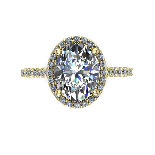Palmer oval halo engagement ring in 18K Yellow Gold, top-down view showing the oval center diamond framed by a pave halo