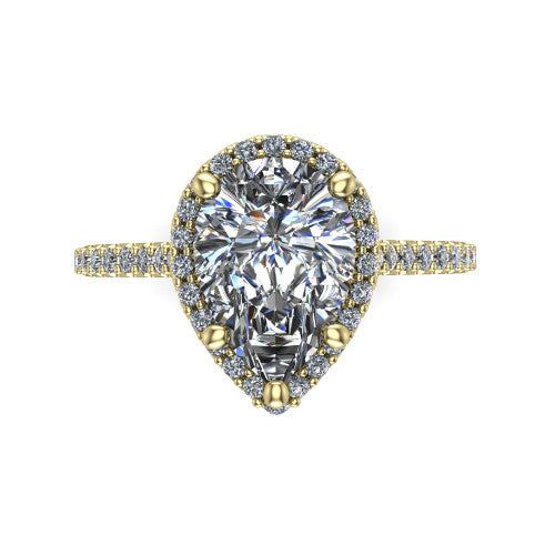 Palmer pear halo engagement ring in 18K Yellow Gold, top-down view showing the pear center diamond framed by a pave halo