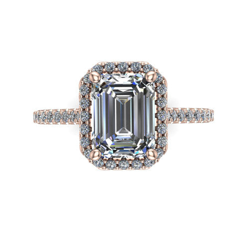 Palmer emerald halo engagement ring in 18K Rose Gold, top-down view showing the emerald center diamond framed by a pave halo
