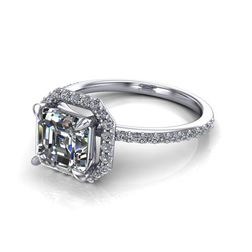 Talia Square Emerald Shape Halo Engagement Ring in Platinum