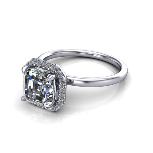 Calista square emerald halo engagement ring in 18K White Gold, three-quarter perspective showing the square emerald center diamond in a square pave halo with split-claw prongs