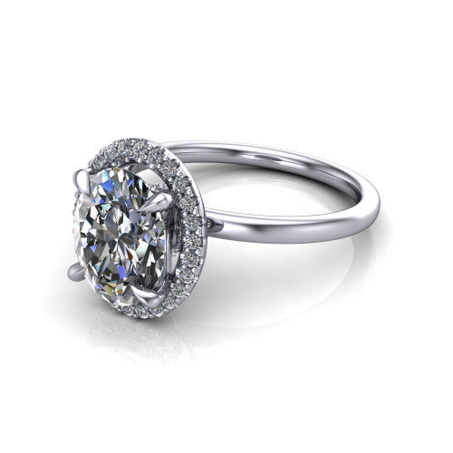 Calista oval halo engagement ring in 14K White Gold, three-quarter perspective showing the oval center diamond in a square pave halo with split-claw prongs