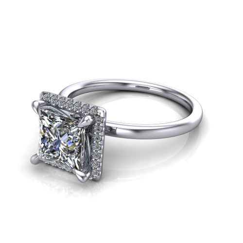 Calista princess halo engagement ring in 18K White Gold, three-quarter perspective showing the princess center diamond in a square pave halo with split-claw prongs