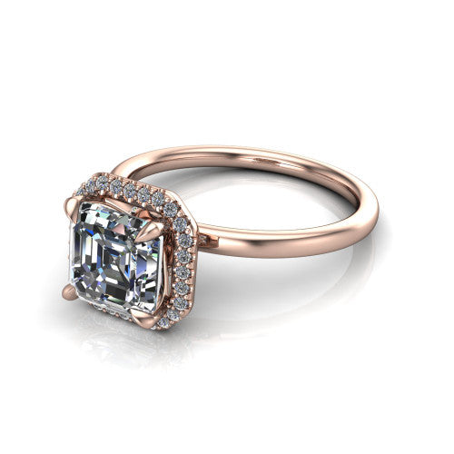 Calista square emerald halo engagement ring in 18K Rose Gold, three-quarter perspective showing the square emerald center diamond in a square pave halo with split-claw prongs