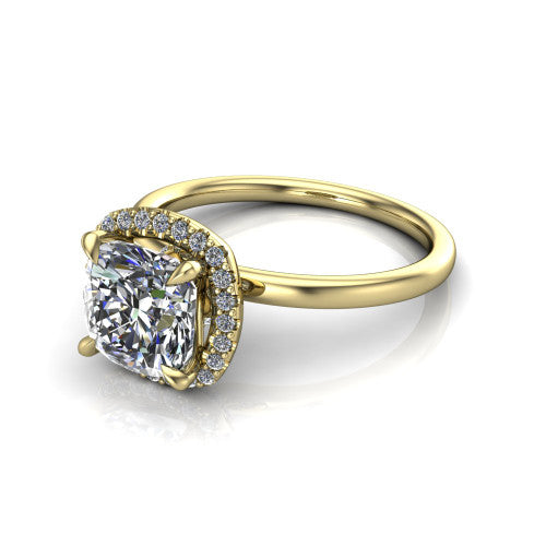 Calista cushion halo engagement ring in 18K Yellow Gold, three-quarter perspective showing the cushion center diamond in a square pave halo with split-claw prongs