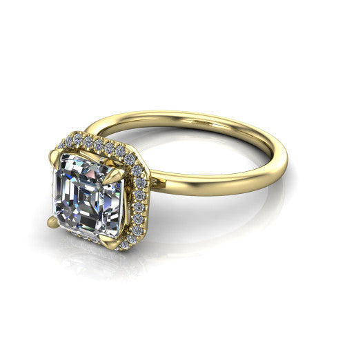 Calista square emerald halo engagement ring in 18K Yellow Gold, three-quarter perspective showing the square emerald center diamond in a square pave halo with split-claw prongs
