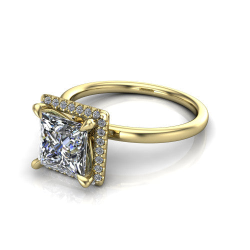 Calista princess halo engagement ring in 18K Yellow Gold, three-quarter perspective showing the princess center diamond in a square pave halo with split-claw prongs