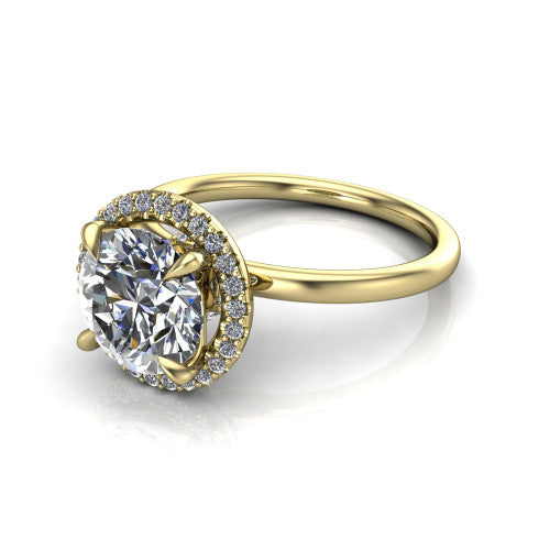 Calista round halo engagement ring in 14K Yellow Gold, three-quarter perspective showing the round center diamond in a square pave halo with split-claw prongs