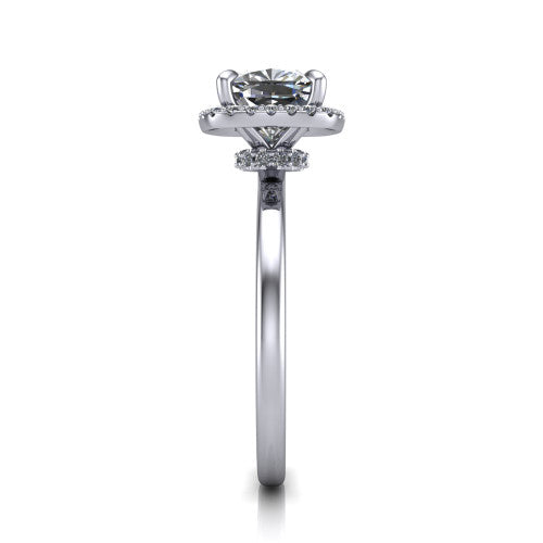 Calista cushion halo engagement ring in Platinum, side profile showing the low-set square halo and polished band