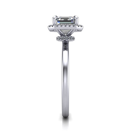 Calista square emerald halo engagement ring in 18K White Gold, side profile showing the low-set square halo and polished band