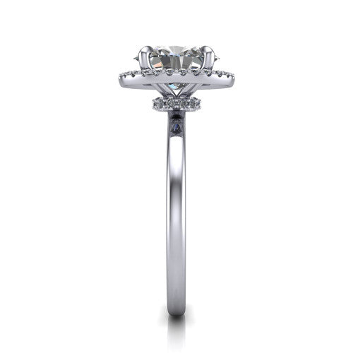 Calista oval halo engagement ring in Platinum, side profile showing the low-set square halo and polished band