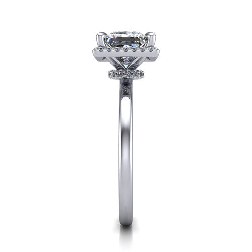 Calista princess halo engagement ring in 14K White Gold, side profile showing the low-set square halo and polished band