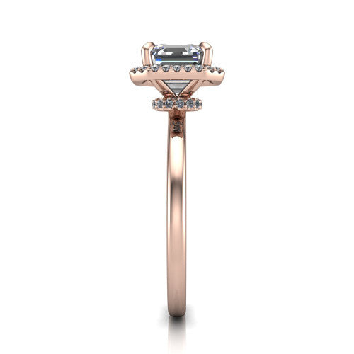 Calista square emerald halo engagement ring in 18K Rose Gold, side profile showing the low-set square halo and polished band