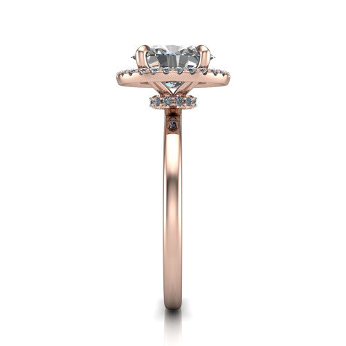 Calista oval halo engagement ring in 18K Rose Gold, side profile showing the low-set square halo and polished band