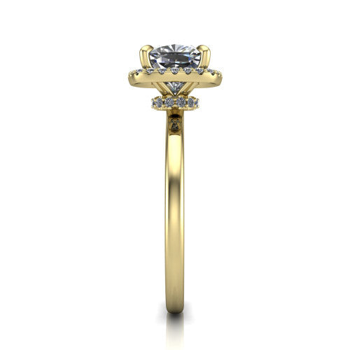 Calista cushion halo engagement ring in 14K Yellow Gold, side profile showing the low-set square halo and polished band