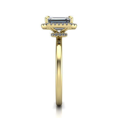 Calista emerald halo engagement ring in 14K Yellow Gold, side profile showing the low-set square halo and polished band