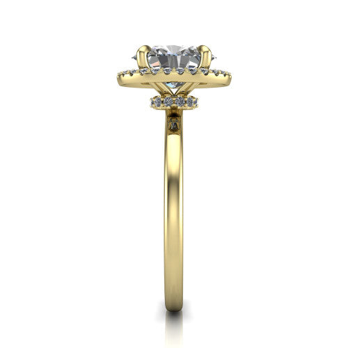 Calista oval halo engagement ring in 14K Yellow Gold, side profile showing the low-set square halo and polished band