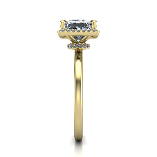 Calista princess halo engagement ring in 14K Yellow Gold, side profile showing the low-set square halo and polished band