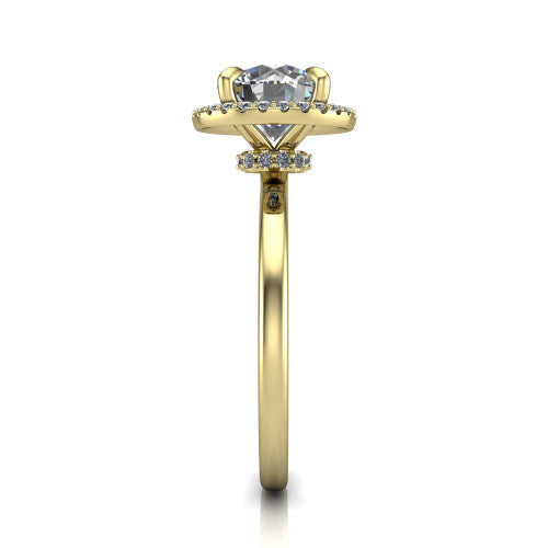 Calista round halo engagement ring in 18K Yellow Gold, side profile showing the low-set square halo and polished band