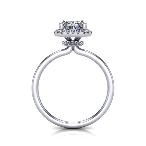 Calista emerald halo engagement ring in Platinum, through-finger front profile showing the under-halo detail and thin band