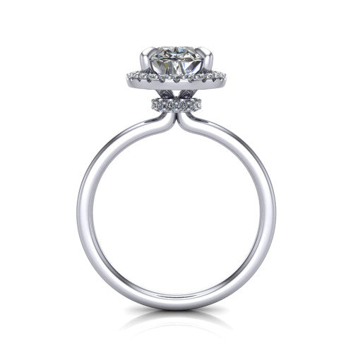 Calista oval halo engagement ring in Platinum, through-finger front profile showing the under-halo detail and thin band