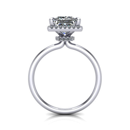 Calista princess halo engagement ring in 18K White Gold, through-finger front profile showing the under-halo detail and thin band