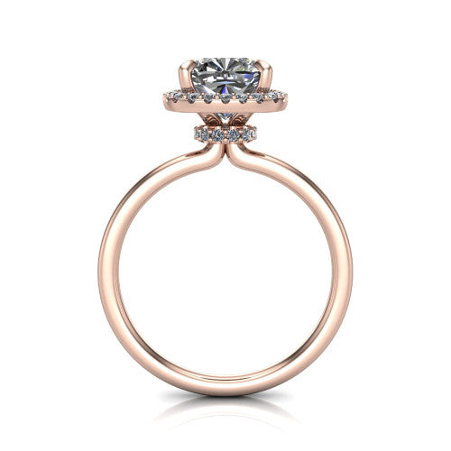 Calista cushion halo engagement ring in 14K Rose Gold, through-finger front profile showing the under-halo detail and thin band
