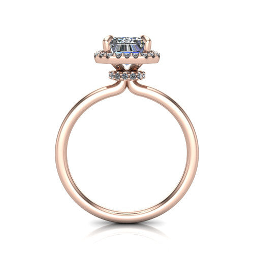 Calista emerald halo engagement ring in 14K Rose Gold, through-finger front profile showing the under-halo detail and thin band