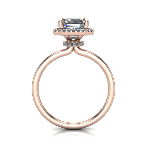 Calista square emerald halo engagement ring in 14K Rose Gold, through-finger front profile showing the under-halo detail and thin band