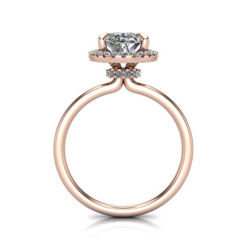 Calista oval halo engagement ring in 18K Rose Gold, through-finger front profile showing the under-halo detail and thin band