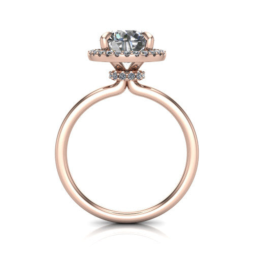 Calista round halo engagement ring in 14K Rose Gold, through-finger front profile showing the under-halo detail and thin band