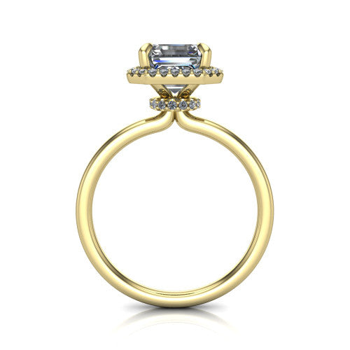 Calista square emerald halo engagement ring in 14K Yellow Gold, through-finger front profile showing the under-halo detail and thin band