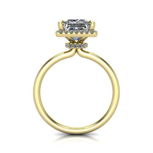 Calista princess halo engagement ring in 14K Yellow Gold, through-finger front profile showing the under-halo detail and thin band