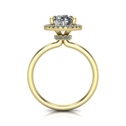 Calista round halo engagement ring in 14K Yellow Gold, through-finger front profile showing the under-halo detail and thin band