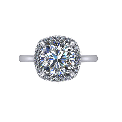 Calista cushion halo engagement ring in 18K White Gold, top-down view showing the cushion center diamond framed by a square pave halo